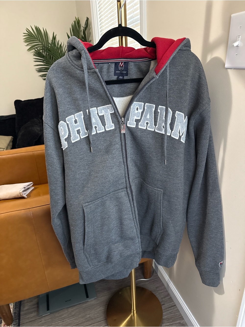 Phat Farm Gray Zip Hoodie with Red Lined Hood